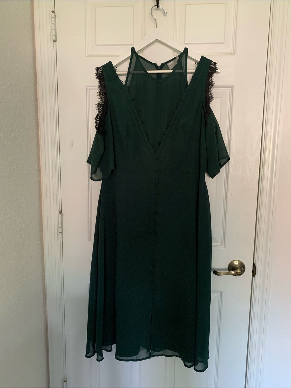 ASOS Emerald Green Cold-Shoulder Midi Dress with Lace Trim Size 12